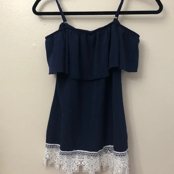 Navy off shoulder top with white lace trim - Picture 4 of 4